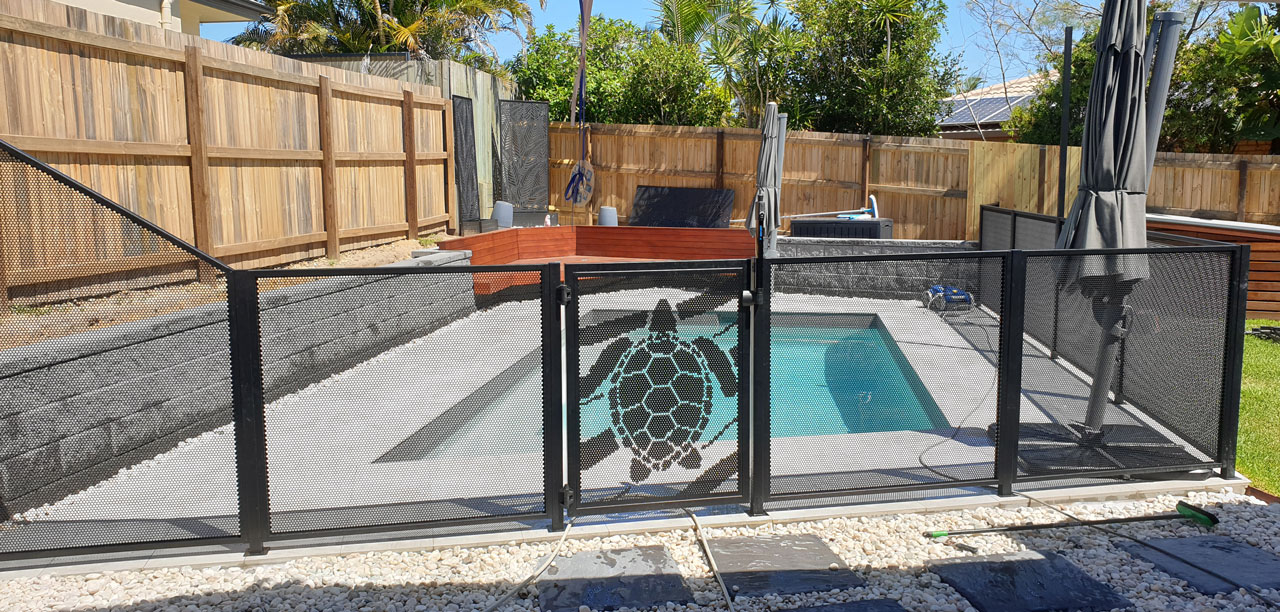 Turtle design pool gate with Pure Perf panels, Buderim Queensland